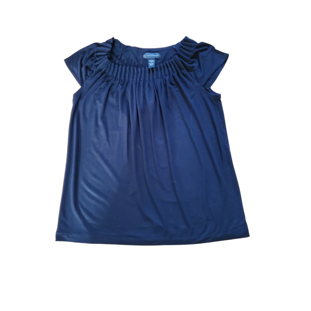 Cable & Gauge Navy Blue Pleated Scoop Neck Top Viscose Spandex Blouse Sz M